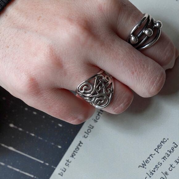 925 Silver Scrolled Filigree Ring Vintage Elegant Delicate Lacework Design - Picture 5 of 6